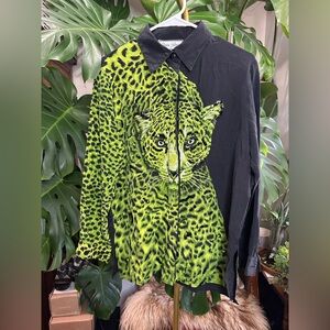 Diane Gilman Black and Green Leopard Print Silk Shirt Vintage